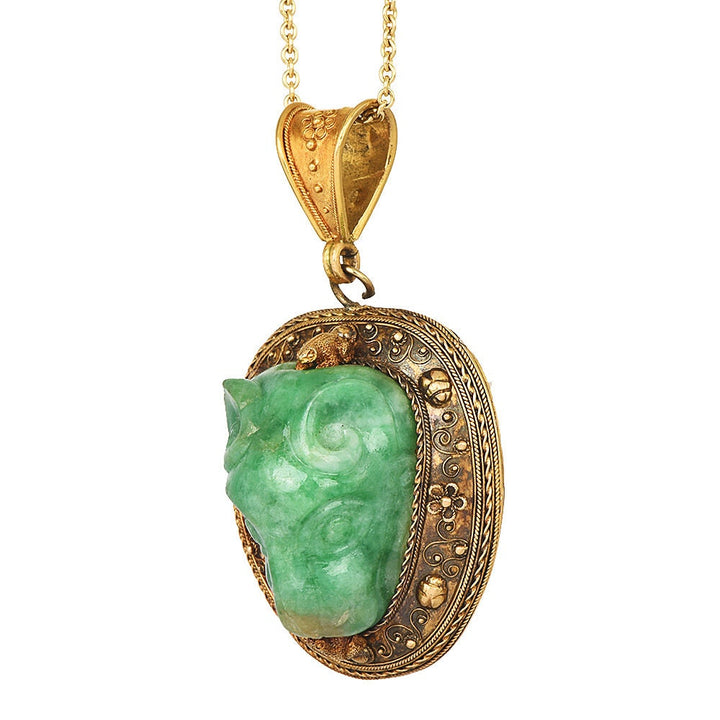 Carved Jade Rams Head Etruscan Revival Mourning Locket in 18K Yellow Gold