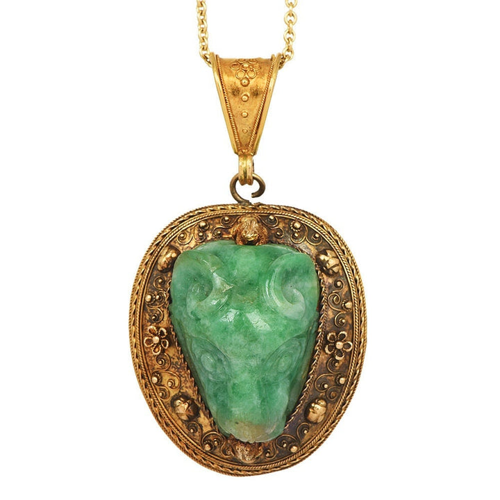 Carved Jade Rams Head Etruscan Revival Mourning Locket in 18K Yellow Gold