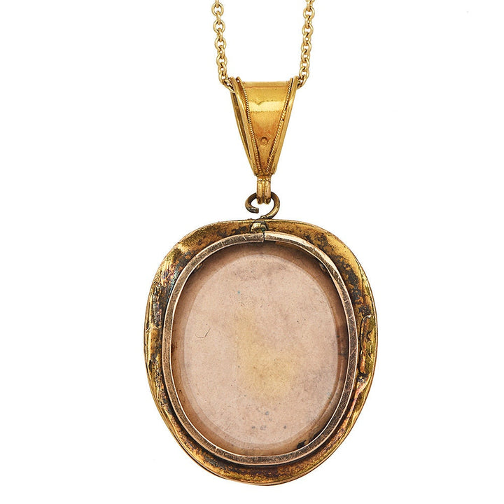 Carved Jade Rams Head Etruscan Revival Mourning Locket in 18K Yellow Gold