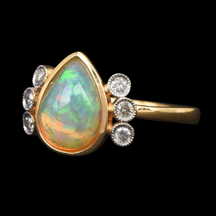 Vintage Oscar Friedman Pear Cut Opal and Diamond Ring in Yellow Gold