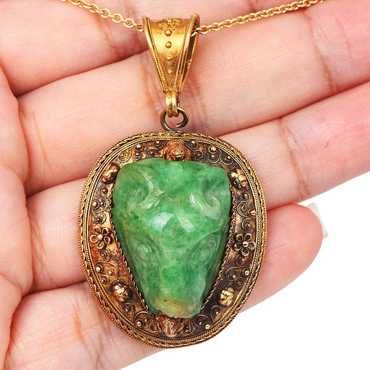 Carved Jade Rams Head Etruscan Revival Mourning Locket in 18K Yellow Gold