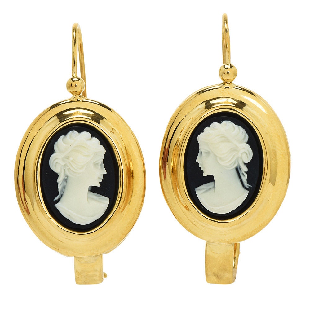 Vintage Italian Black Shell Cameo Drop Earrings by Muraro in 18K