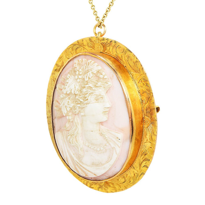 Vintage Angel Skin Coral Lady Portrait Cameo Brooch/Pendant in 10K Yellow Gold