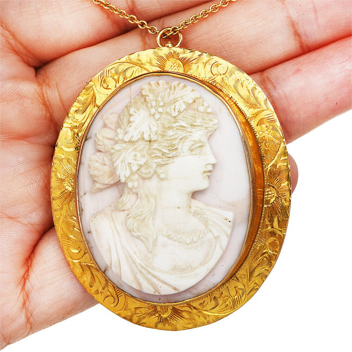 Vintage Angel Skin Coral Lady Portrait Cameo Brooch/Pendant in 10K Yellow Gold