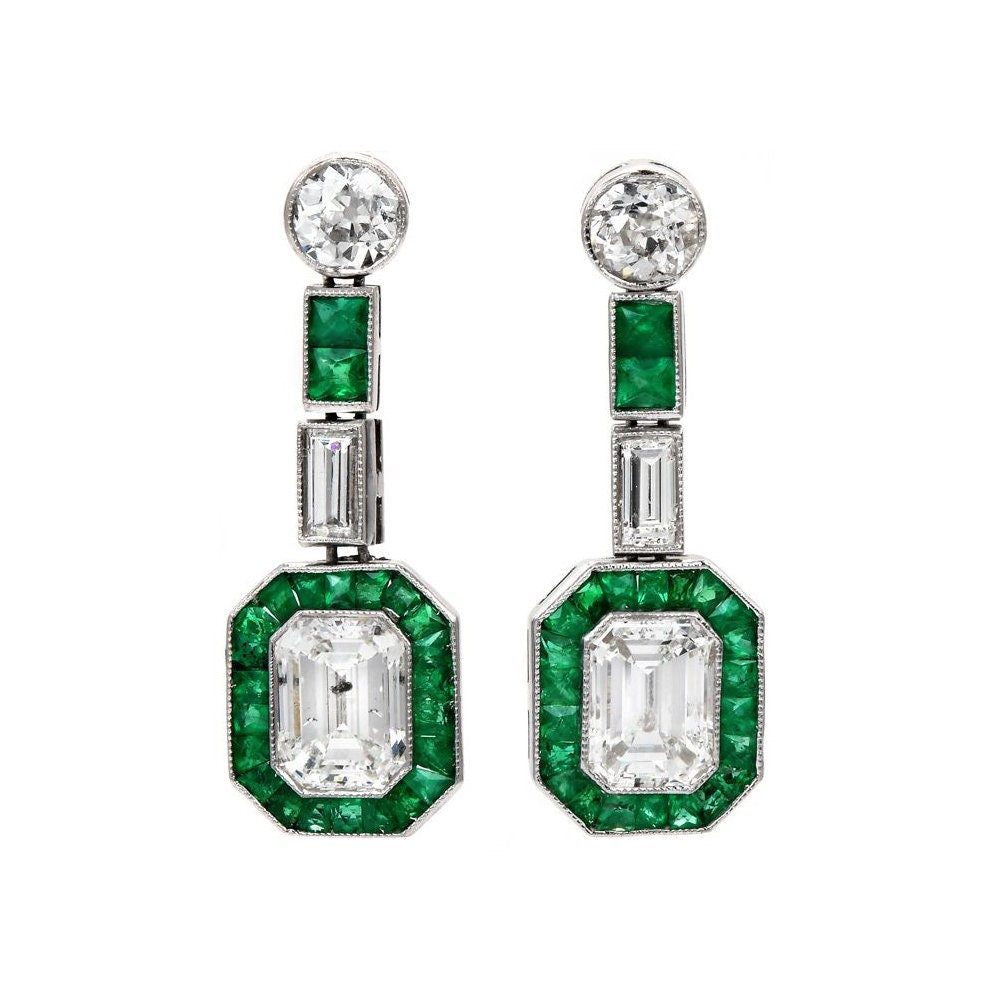 Jewellery Art Deco Emerald Earrings Bezel Set Emerald Cut Diamond