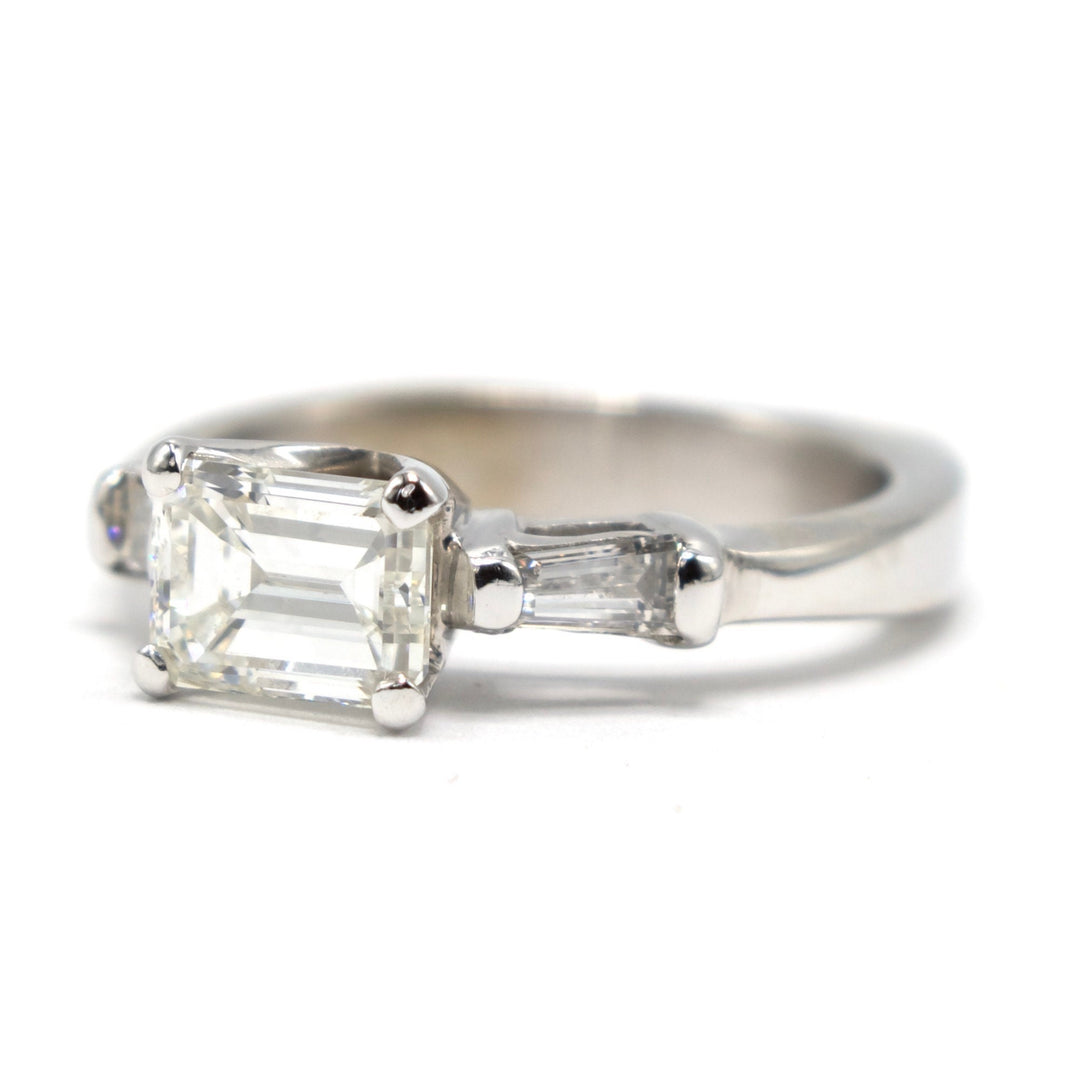 Light Carat East-West Emerald Cut Diamond Ring with Tapered Baguette and Contoured Band Bridal Set