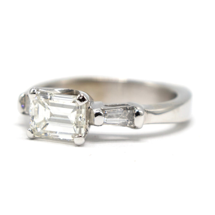 Light Carat East-West Emerald Cut Diamond Ring with Tapered Baguette and Contoured Band Bridal Set