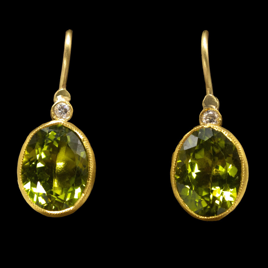 24K Yellow Gold Oval Peridot and Diamond Drop Earrings