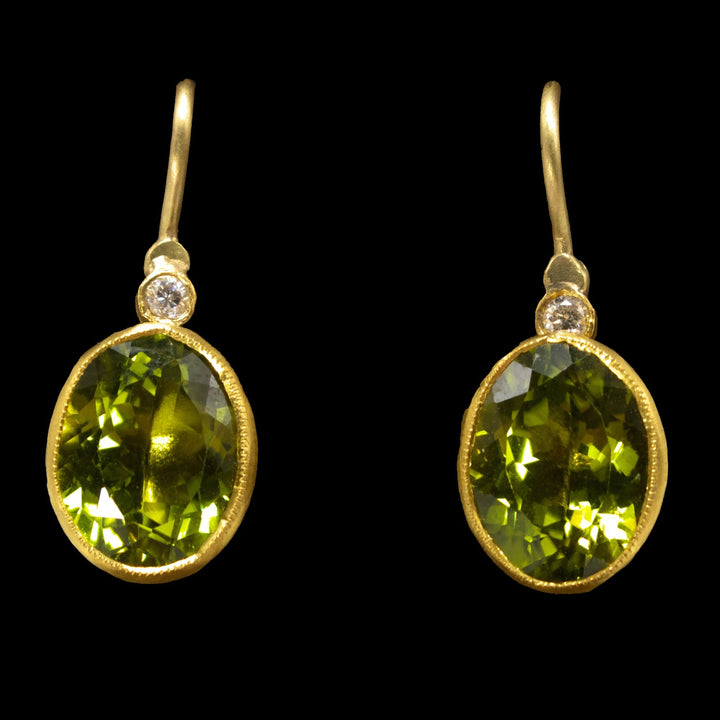 24K Yellow Gold Oval Peridot and Diamond Drop Earrings