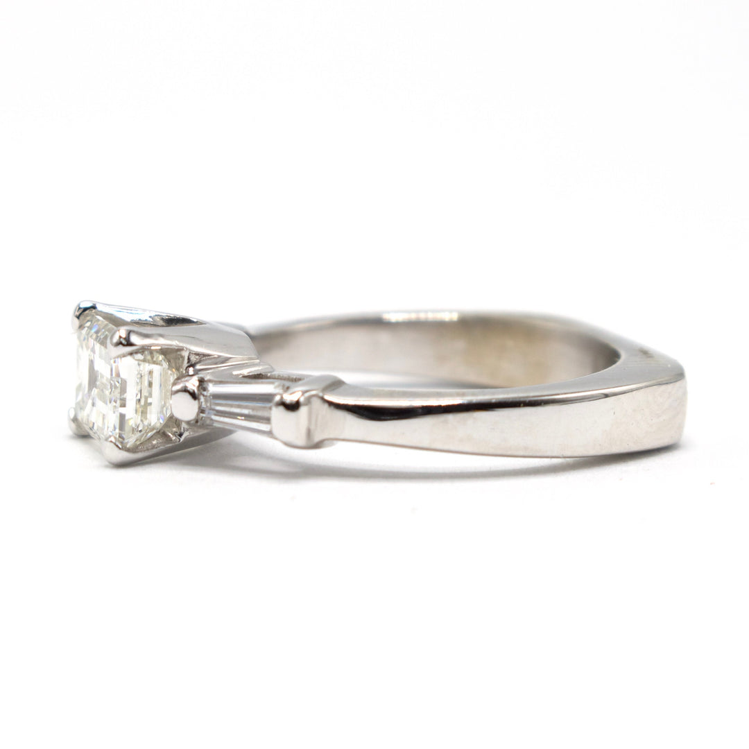 Light Carat East-West Emerald Cut Diamond Ring with Tapered Baguette and Contoured Band Bridal Set