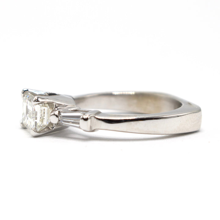 Light Carat East-West Emerald Cut Diamond Ring with Tapered Baguette and Contoured Band Bridal Set