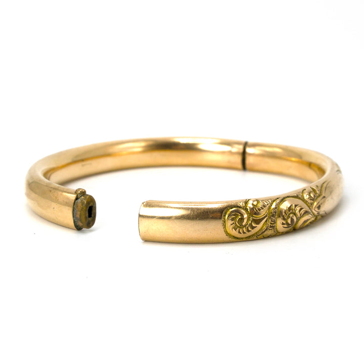 14K Yellow Gold Hinged CAM & Co. Victorian Bangle with Carved Swirls