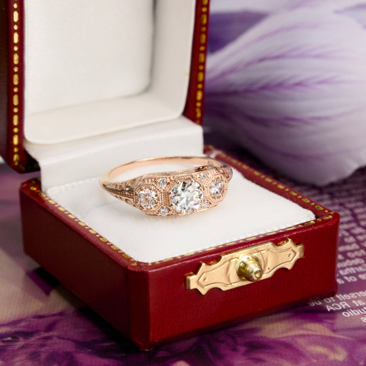 Edwardian Inspired Three Stone Diamond Ring in Rose Gold
