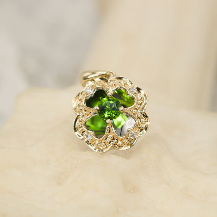 Small Vintage Four Leaf Clover Pendant in White and Yellow Gold with Green Tourmaline and Diamonds