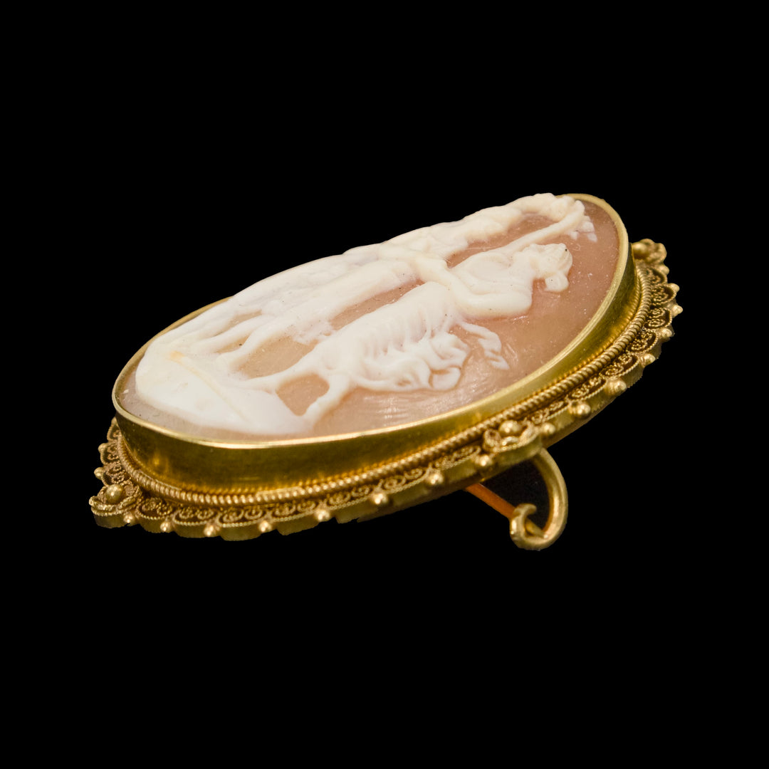Victorian Three Graces Shell Cameo Mounted in 18K Yellow Gold Etruscan Revival Pin Setting