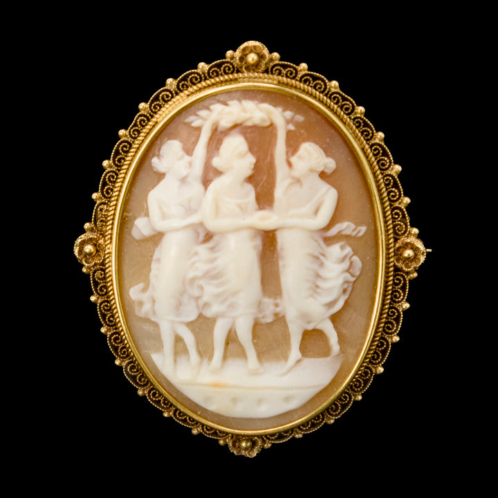 Victorian Three Graces Shell Cameo Mounted in 18K Yellow Gold Etruscan Revival Pin Setting