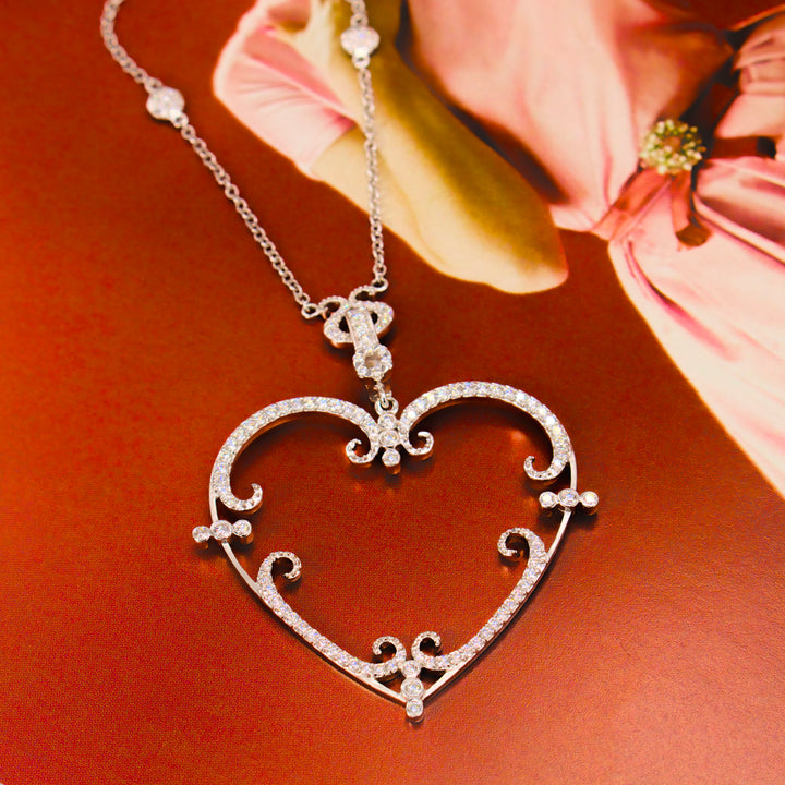Large Filigree Style Diamond Heart Necklace in 18K White Gold
