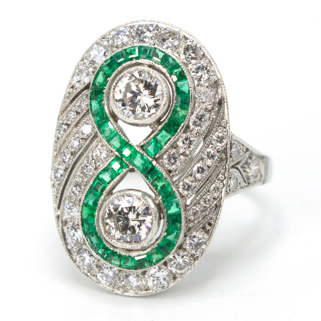 Art Deco Diamond and Emerald Infinity Style Ring in Platinum