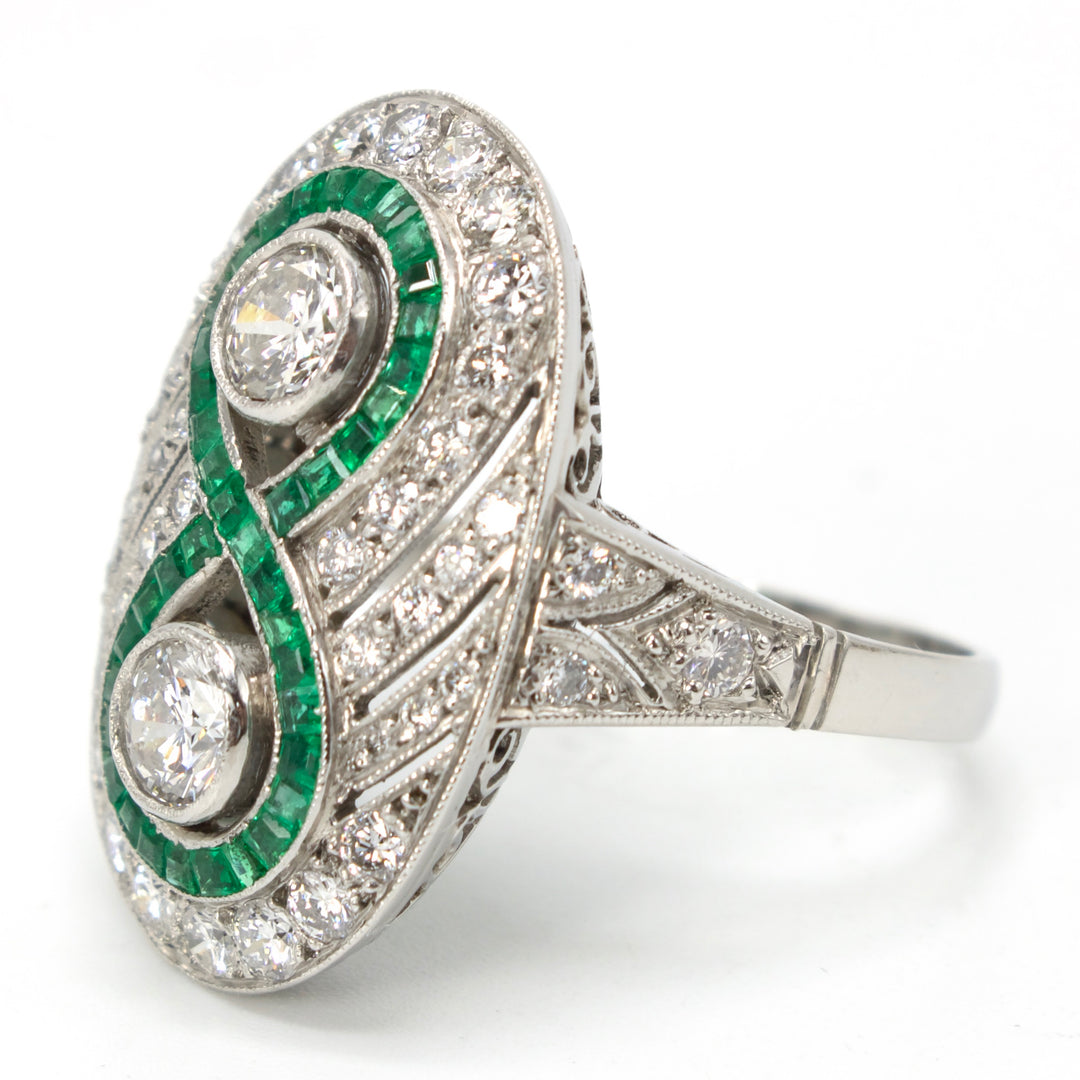 Art Deco Diamond and Emerald Infinity Style Ring in Platinum