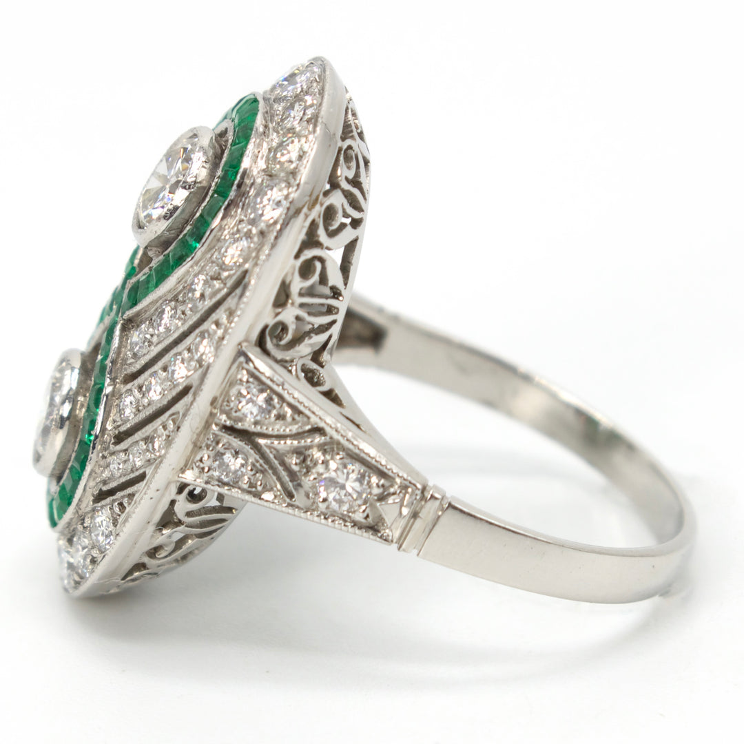 Art Deco Diamond and Emerald Infinity Style Ring in Platinum