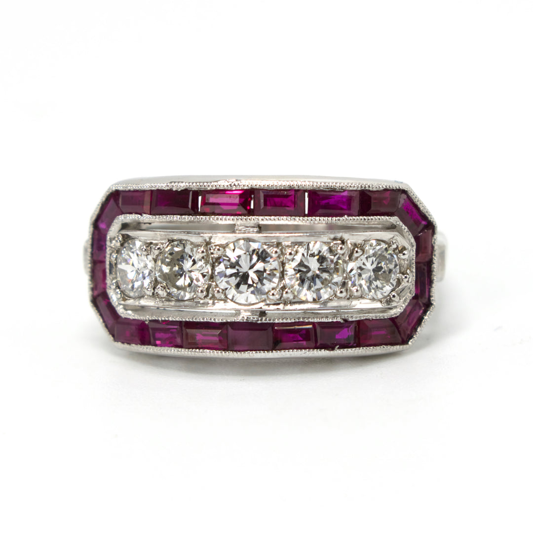 Art Deco Five Diamond Ring with Calibré Cut Ruby Surround in Platinum