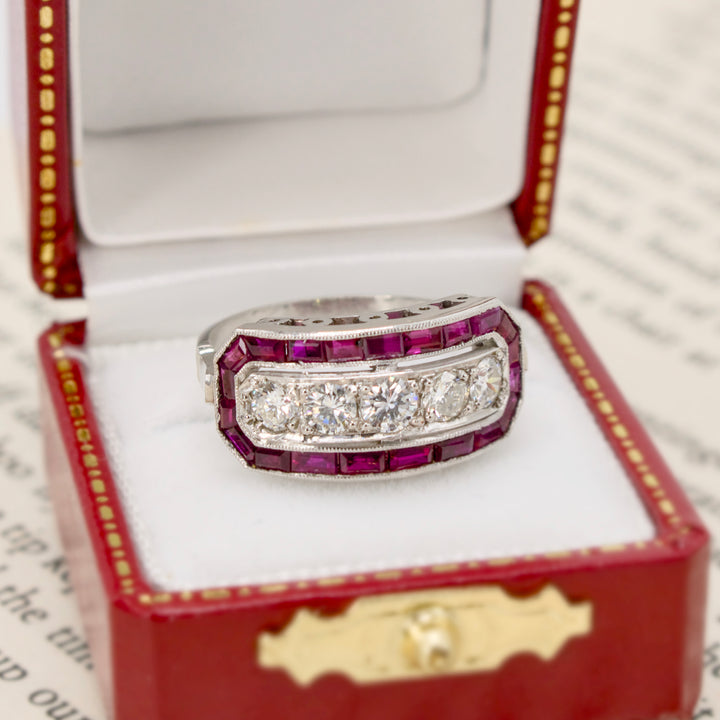 Art Deco Five Diamond Ring with Calibré Cut Ruby Surround in Platinum