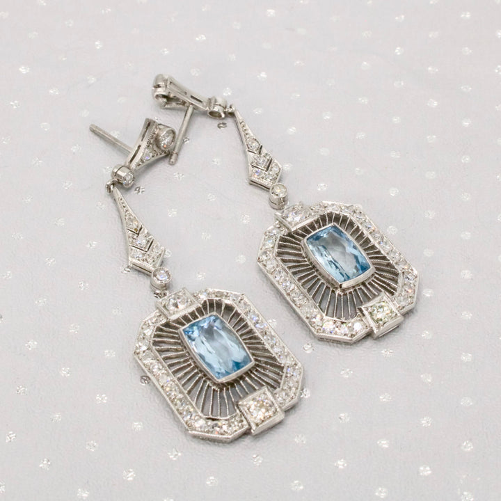 Art Deco Aquamarine and Diamond Filigree Platinum Drop Earrings