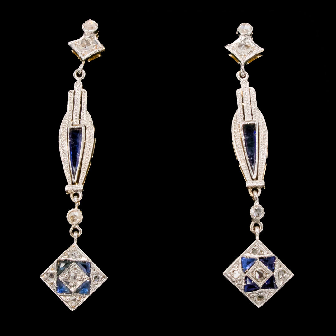 Art Deco Rose Cut Diamond and Triangular Sapphire Kite Pendant Earrings