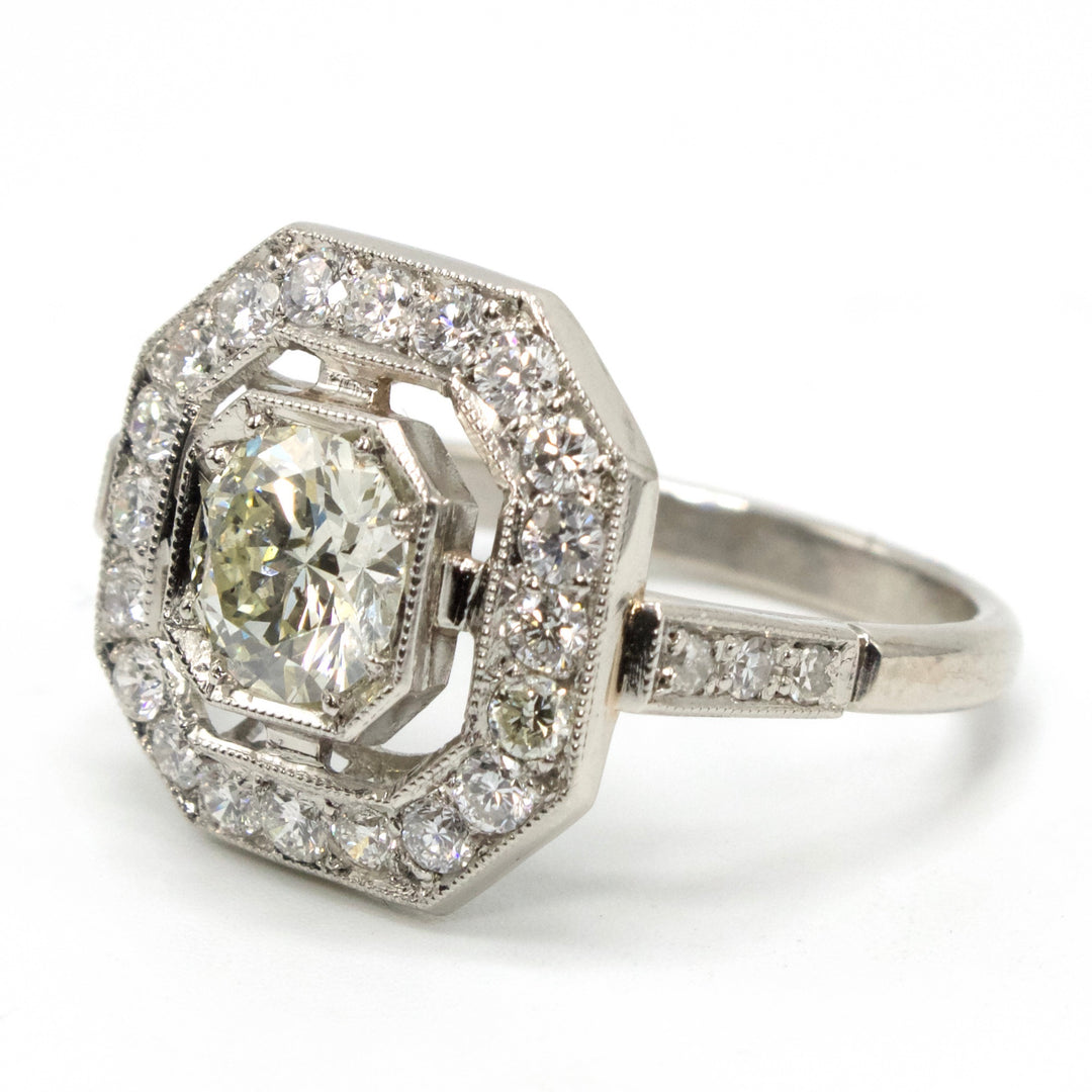 Edwardian Diamond Engagement Ring in Platinum with Octagonal Halo