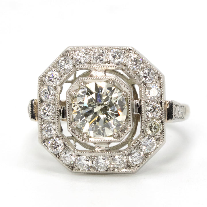 Edwardian Diamond Engagement Ring in Platinum with Octagonal Halo