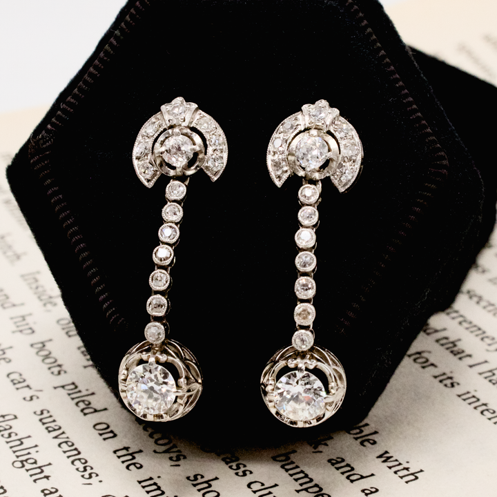 Edwardian Platinum and 18K Yellow Gold Diamond Drop Earrings