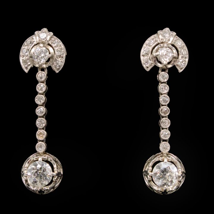 Edwardian Platinum and 18K Yellow Gold Diamond Drop Earrings