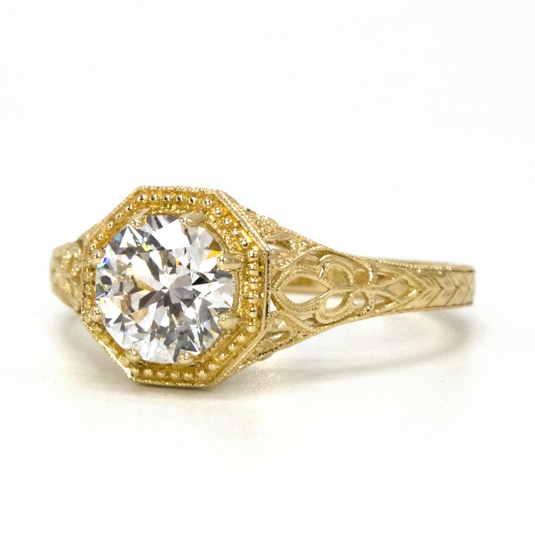1.03 Carat Lab Grown Diamond Solitaire in Yellow Gold Filigreed Edwardian Style Setting