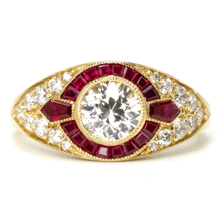 Art Deco Style European Cut Diamond Ring with Accent Rubies and Pavé Diamonds