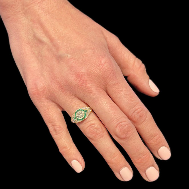 Art Deco Style European Cut Diamond Ring with Accent Emeralds and Pavé Diamonds