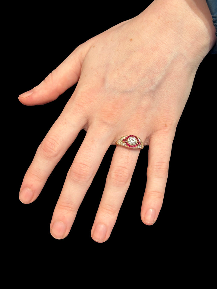 Art Deco Style European Cut Diamond Ring with Accent Rubies and Pavé Diamonds