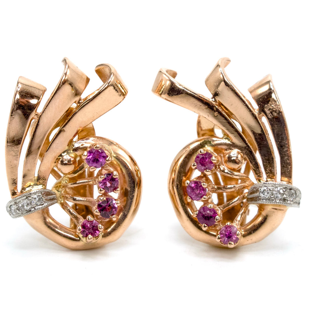 Retro Yellow Gold Pink Tourmaline and Diamond Spiral Earrings with Lever Backs