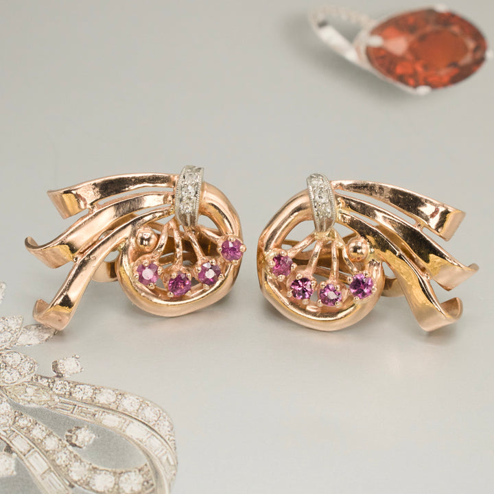 Retro Yellow Gold Pink Tourmaline and Diamond Spiral Earrings with Lever Backs