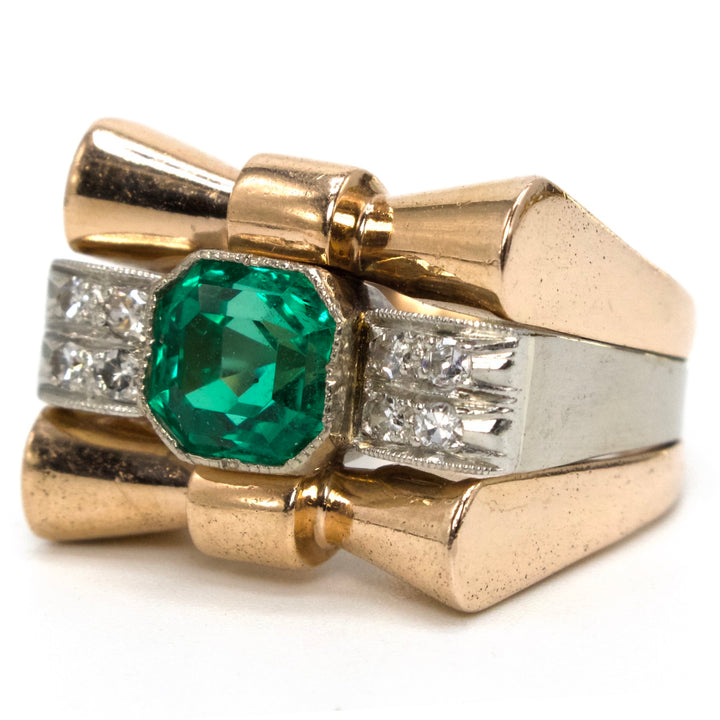 Rose Gold and Platinum Retro Tank Ring with 2.36 Carat Natural Emerald and Accent Diamonds