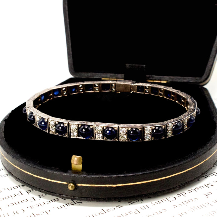 Art Deco Diamond and Cabochon Sapphire Link Bracelet in White Gold