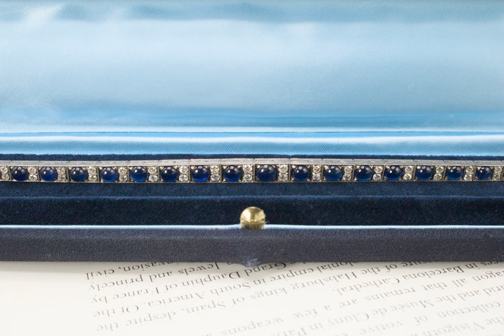 Art Deco Diamond and Cabochon Sapphire Link Bracelet in White Gold