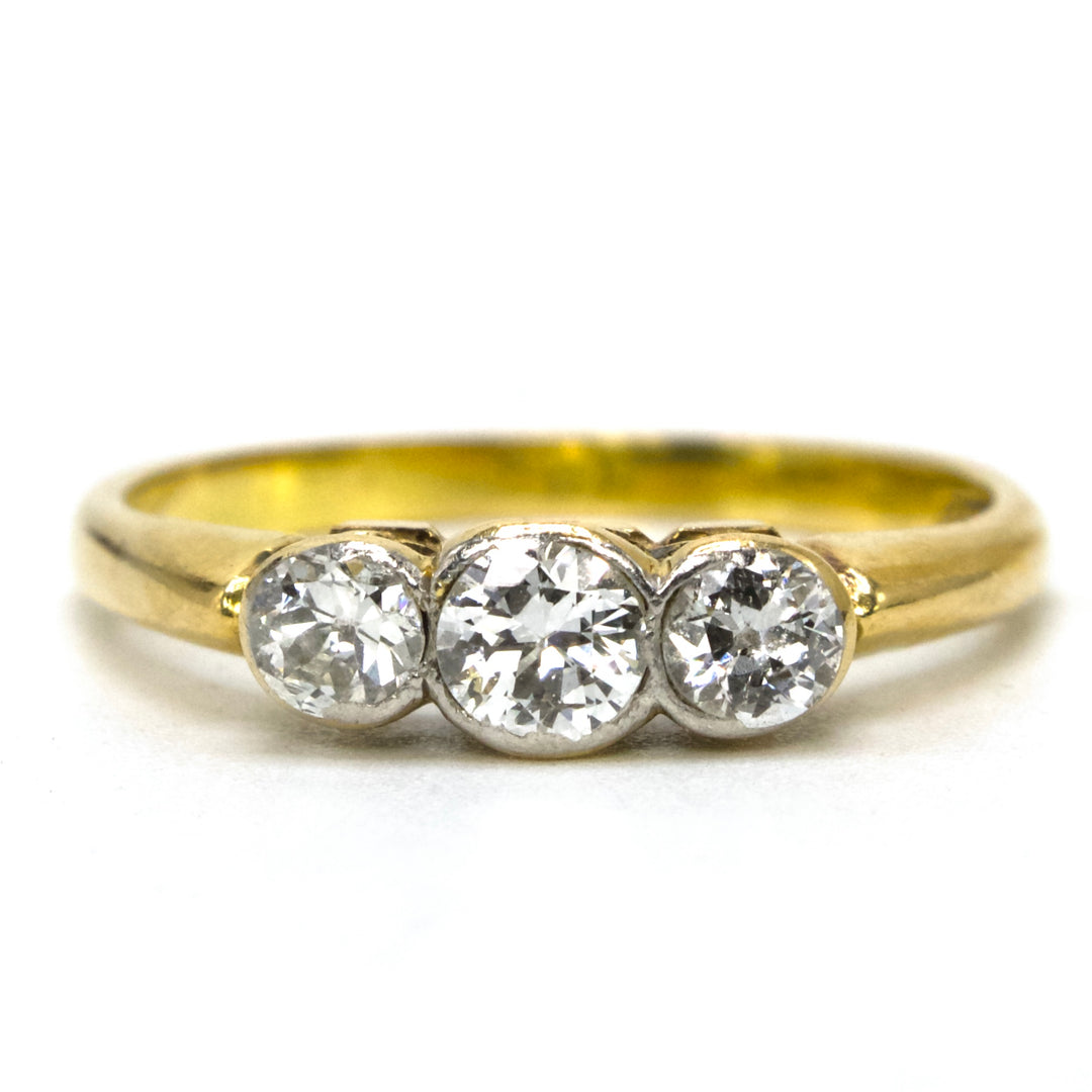 Dainty Three Stone Transitional Cut Diamond Ring in 18K Yellow Gold and Platinum