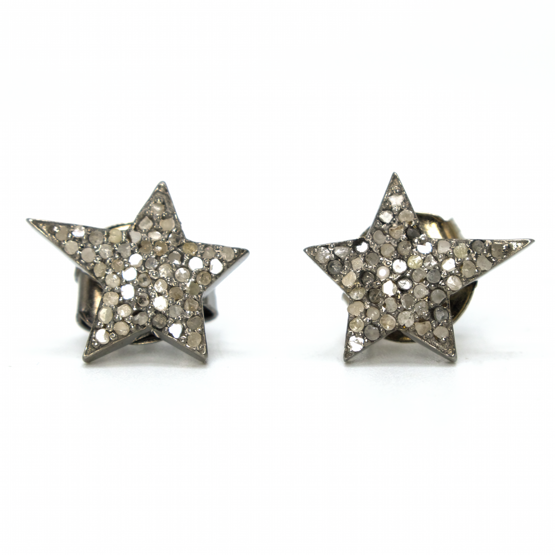 Asymmetric Rough Diamond and Oxidized Sterling Silver Five Pointed Star Earrings