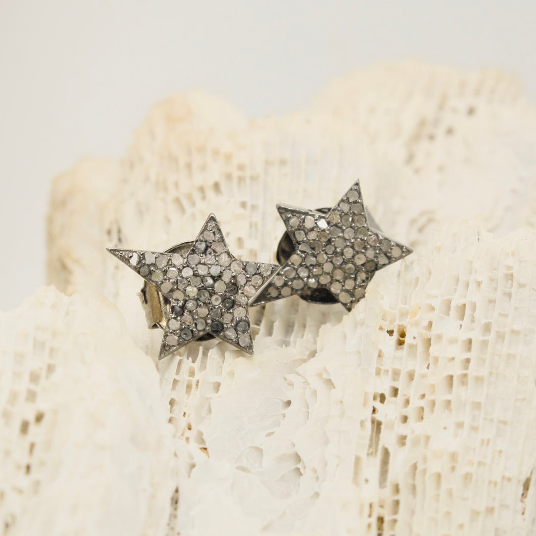 Asymmetric Rough Diamond and Oxidized Sterling Silver Five Pointed Star Earrings