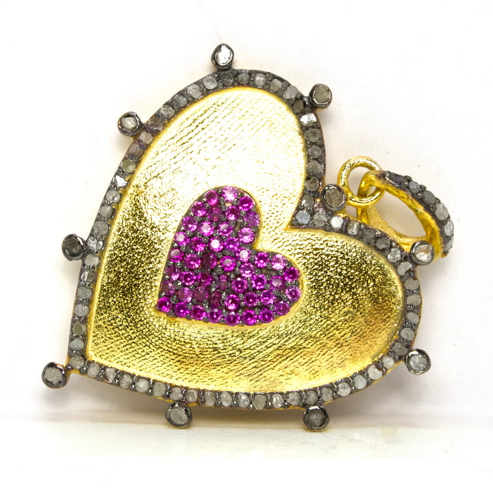 Gold Plated Rose Cut and Grown Ruby Diamond Heart Pendant