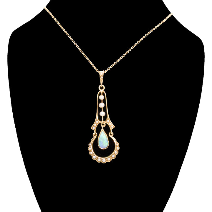 Delicate Victorian Opal and Seed Pearl Yellow Gold Pendant Necklace