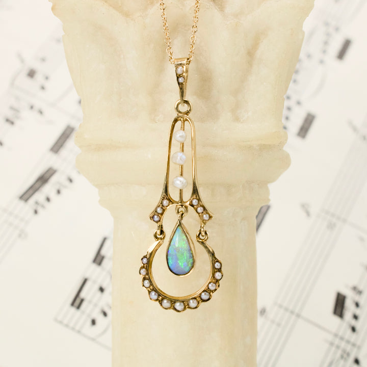 Delicate Victorian Opal and Seed Pearl Yellow Gold Pendant Necklace