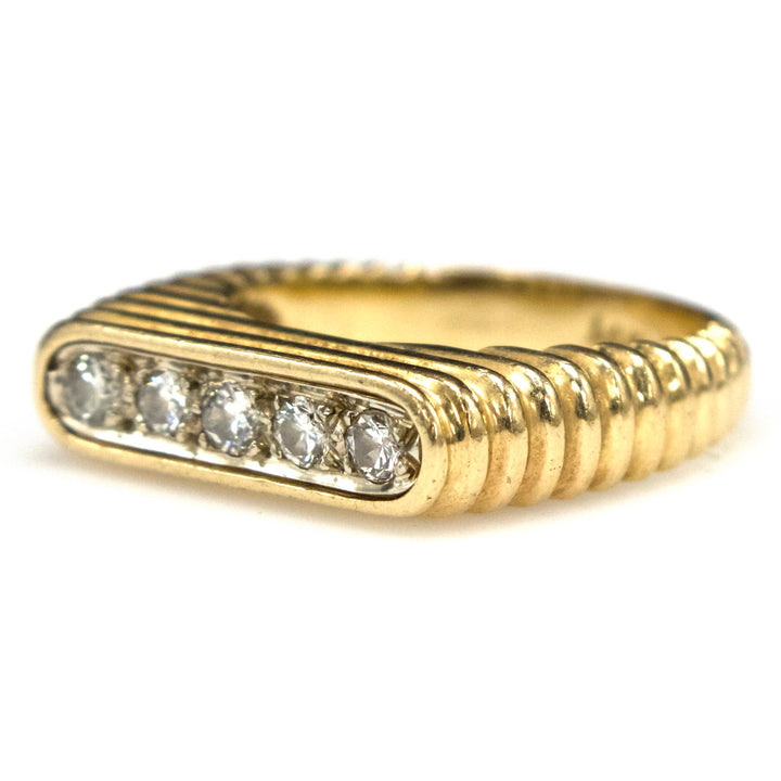 Vintage Fluted 14 Karat Gold Ring with Five Diamonds