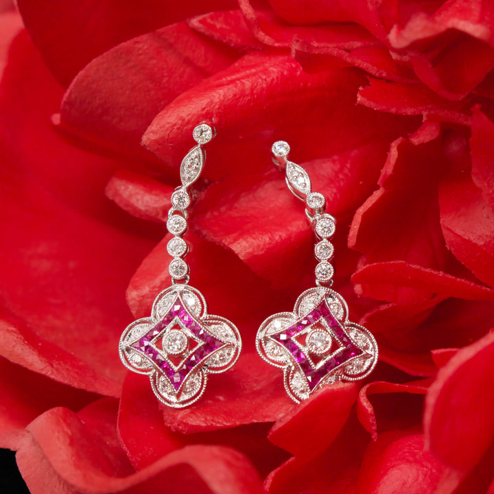 Ruby and Diamond Art Deco Style Quatrefoil Drop Earrings in White Gold