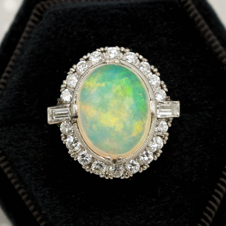 GIA Certified Natural 5.40 Carat Oval Opal and Diamond Halo Ring in Platinum